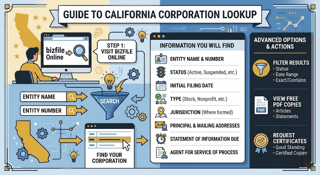 California business search tool showing how to look up LLCs and corporations in the Secretary of State database